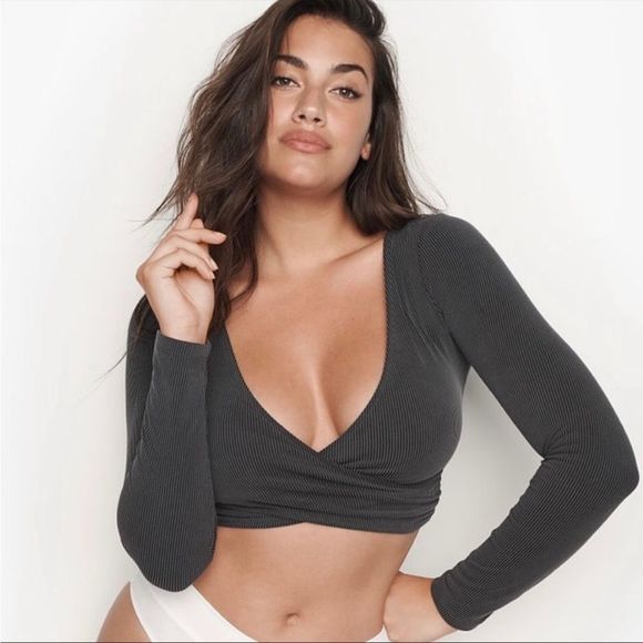 Victoria's Secret Tops - Victorias Secret Long Sleeve Ribbed Wrap Crop Top